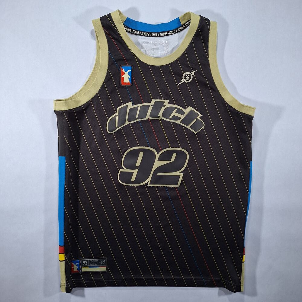 Dutch Bros Coffee Women's Medium Basketball Jersey Black Striped 92 Tank Top